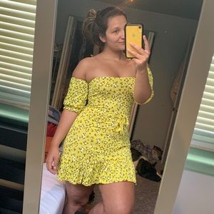 Ditsy yellow off the shoulder dress
